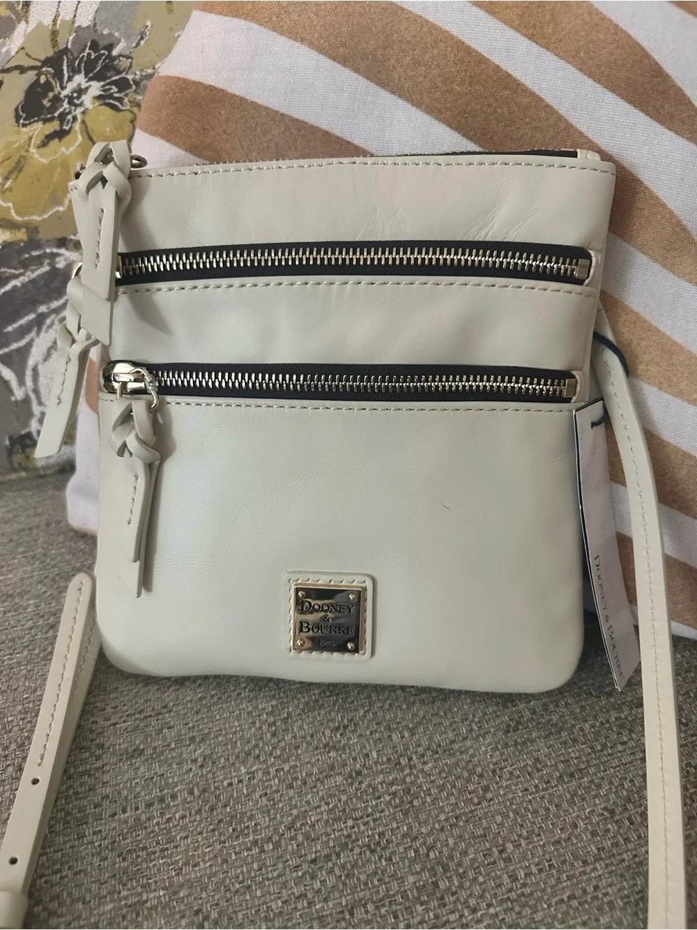 Dooney & Bourke Cream Triple-Zip Leather Crossbody